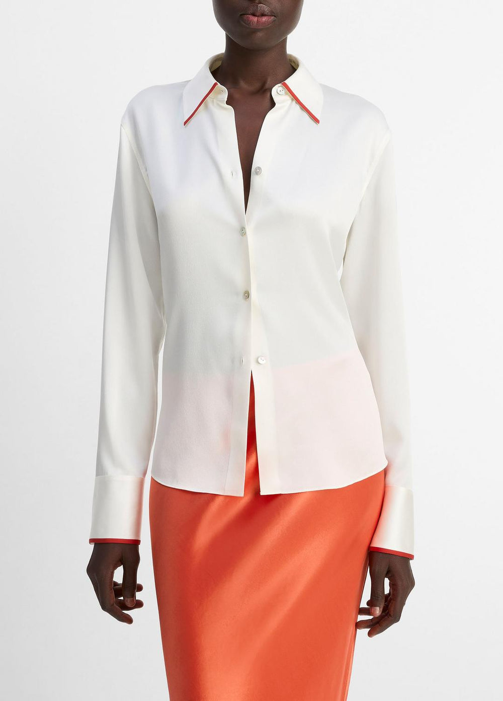 VINCE | Tipped Silk Button-Front Blouse in Shirts & Tees - OFF WHITE/BRICK ROSE
