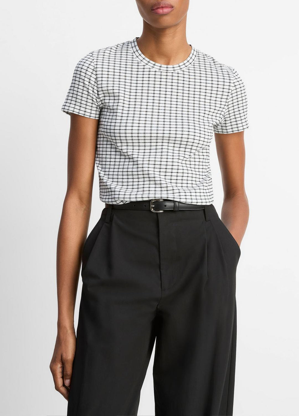 VINCE | Checked Smocked T-Shirt in Shirts & Tees - BLACK COMBO