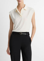 VINCE | Matte Jersey Cap-Sleeve Polo Top in Shirts & Tees - IVORY