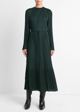 VINCE | Pleated Satin Long-Sleeve Dress in Dresses & Skirts - MARINE PINE