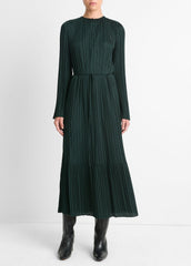 VINCE | Pleated Satin Long-Sleeve Dress in Dresses & Skirts - MARINE PINE