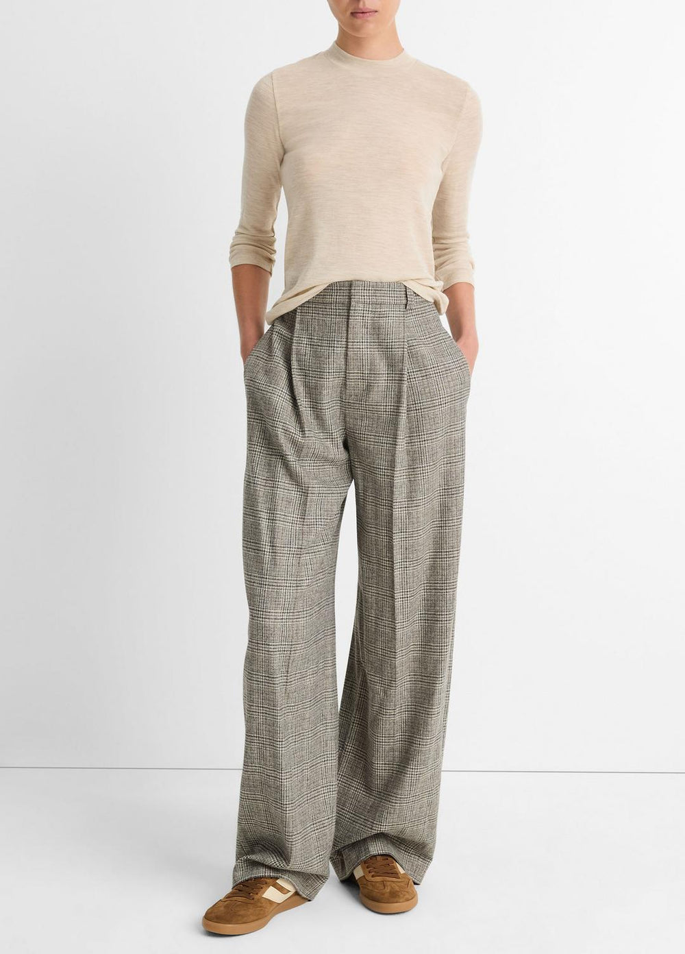 VINCE | Wool Three-Quarter-Sleeve Mock-Neck Top in Shirts & Tees - LIGHT HEATHER ECRU