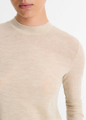 VINCE | Wool Three-Quarter-Sleeve Mock-Neck Top in Shirts & Tees - LIGHT HEATHER ECRU