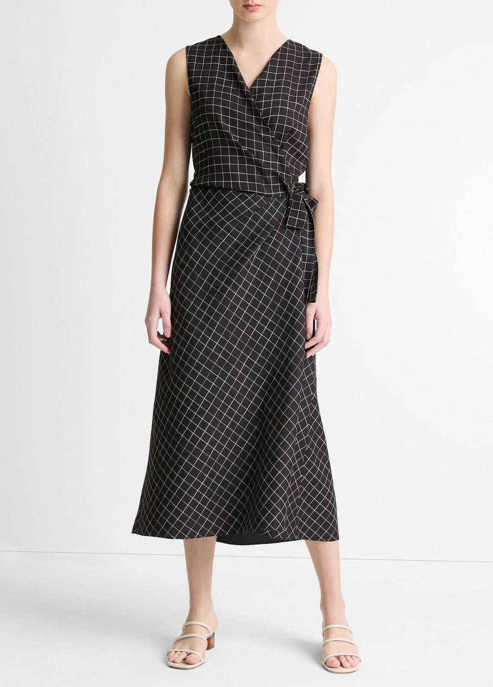 VINCE | Trellis Plaid Draped Sleeveless Wrap Dress in Dresses & Skirts - BLACK/CREAM
