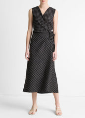VINCE | Trellis Plaid Draped Sleeveless Wrap Dress in Dresses & Skirts - BLACK/CREAM
