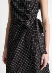VINCE | Trellis Plaid Draped Sleeveless Wrap Dress in Dresses & Skirts - BLACK/CREAM