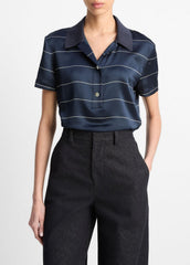 VINCE | Knit-Collar Striped Silk Polo Shirt in Shirts & Tees - COASTAL BLUE/CREAM