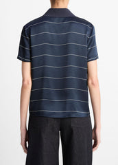 VINCE | Knit-Collar Striped Silk Polo Shirt in Shirts & Tees - COASTAL BLUE/CREAM