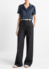 VINCE | Knit-Collar Striped Silk Polo Shirt in Shirts & Tees - COASTAL BLUE/CREAM