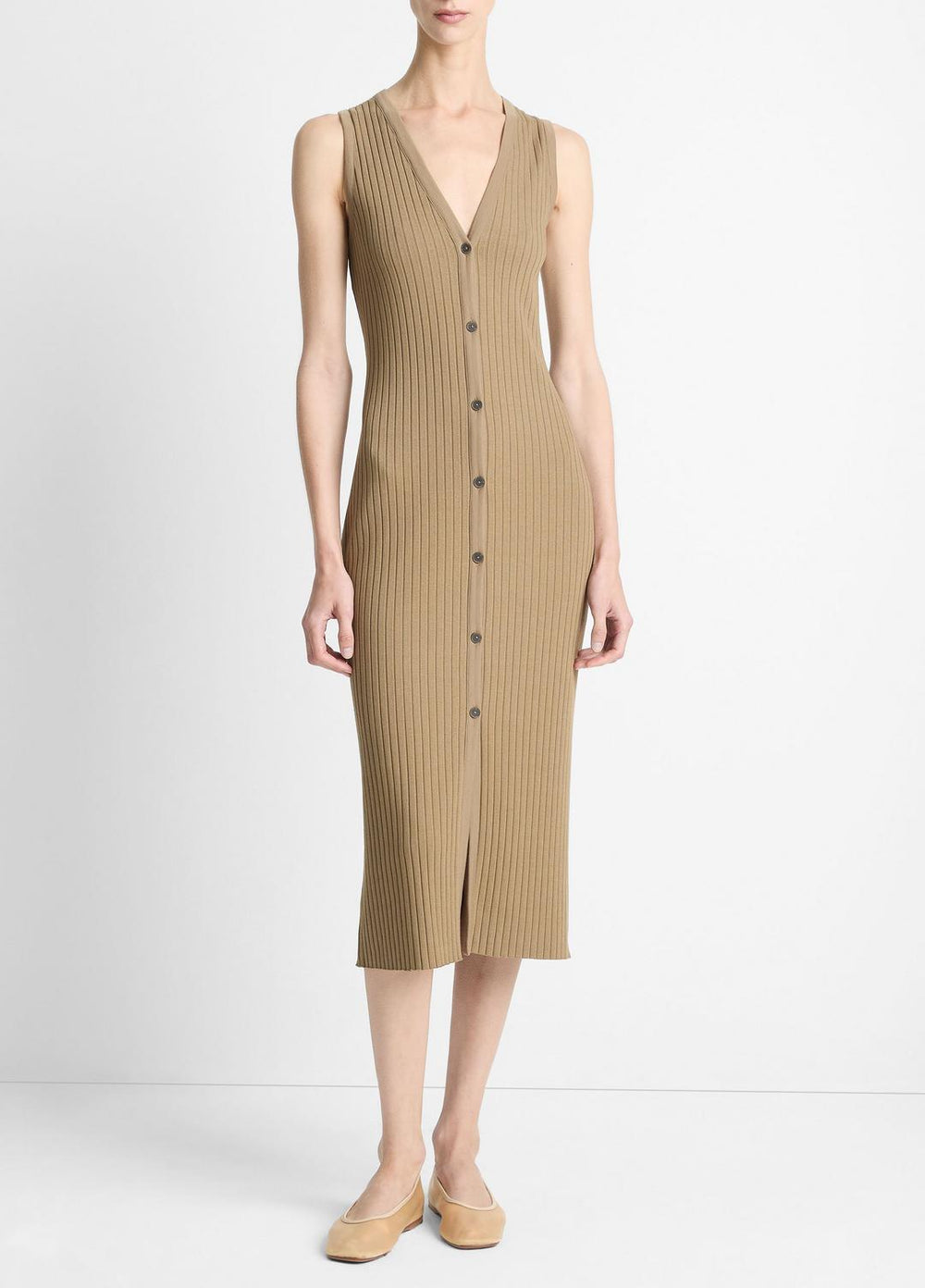 VINCE | Ribbed Cotton-Blend Button-Front Dress in Dresses & Skirts - TAPENADE
