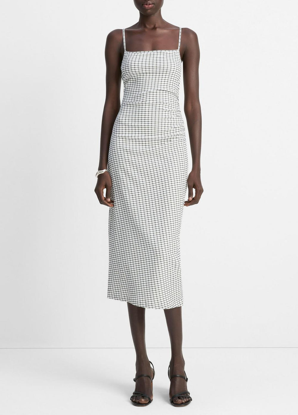 VINCE | Checked Smocked Tank Dress in Dresses & Skirts - BLACK COMBO