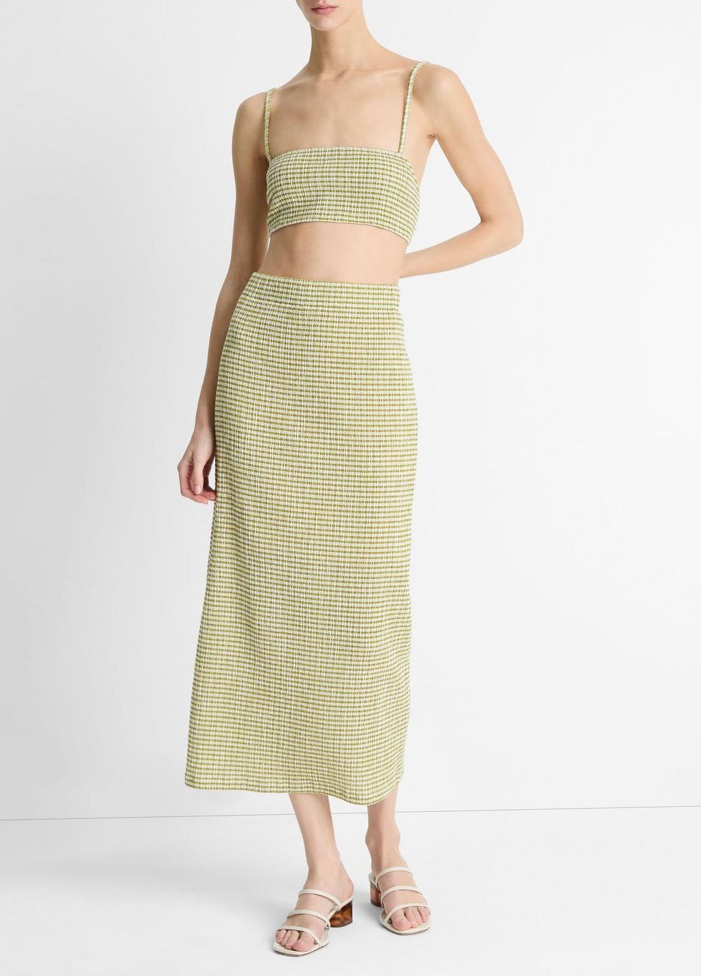 VINCE | Checked Smocked Midi Skirt in Dresses & Skirts - HERBARIA COMBO