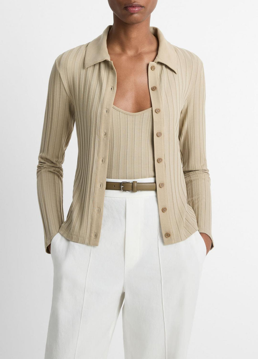 VINCE | Ribbed Collared Long-Sleeve Button-Front Top in Shirts & Tees - MOJAVE