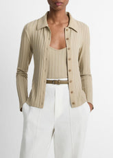 VINCE | Ribbed Collared Long-Sleeve Button-Front Top in Shirts & Tees - MOJAVE