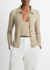 VINCE | Ribbed Collared Long-Sleeve Button-Front Top in Shirts & Tees - MOJAVE