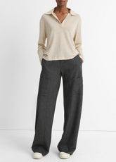 VINCE | Wool Relaxed Long-Sleeve Polo Shirt in Shirts & Tees - LIGHT HEATHER ECRU