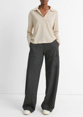 VINCE | Wool Relaxed Long-Sleeve Polo Shirt in Shirts & Tees - LIGHT HEATHER ECRU