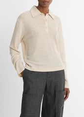 VINCE | Wool Relaxed Long-Sleeve Polo Shirt in Shirts & Tees - LIGHT HEATHER ECRU