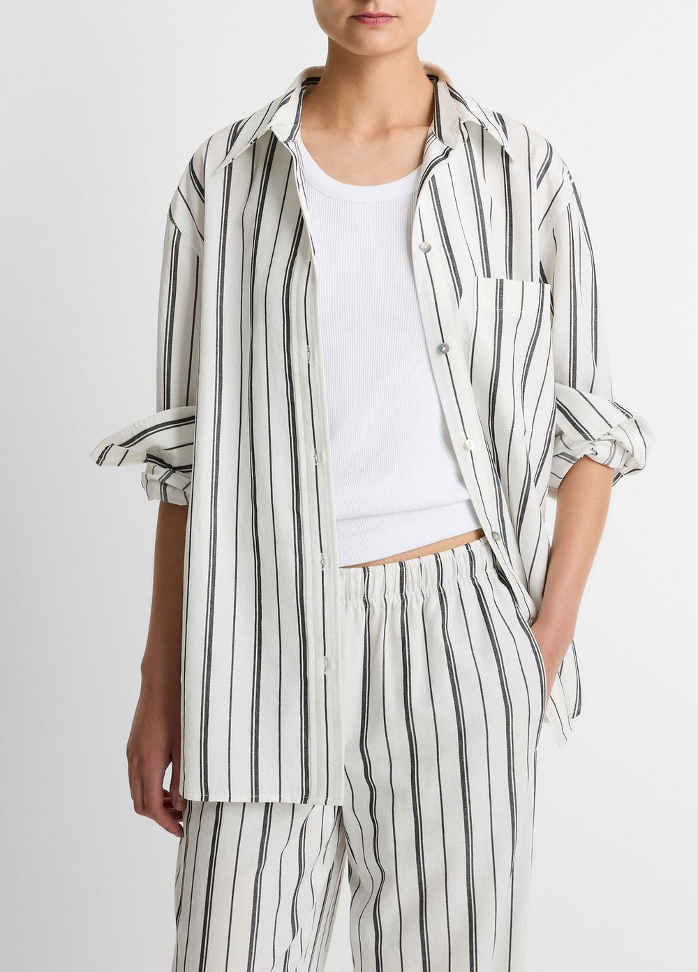 VINCE | Resort Stripe Oversized Button-Front Shirt in Long Sleeve - WHITE/BLACK