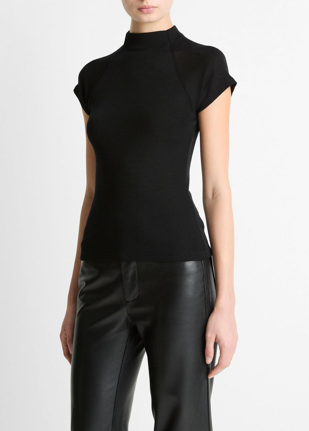 VINCE | Wool Raglan Cap-Sleeve Mock-Neck Top in Short Sleeve - BLACK