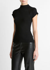 VINCE | Wool Raglan Cap-Sleeve Mock-Neck Top in Short Sleeve - BLACK