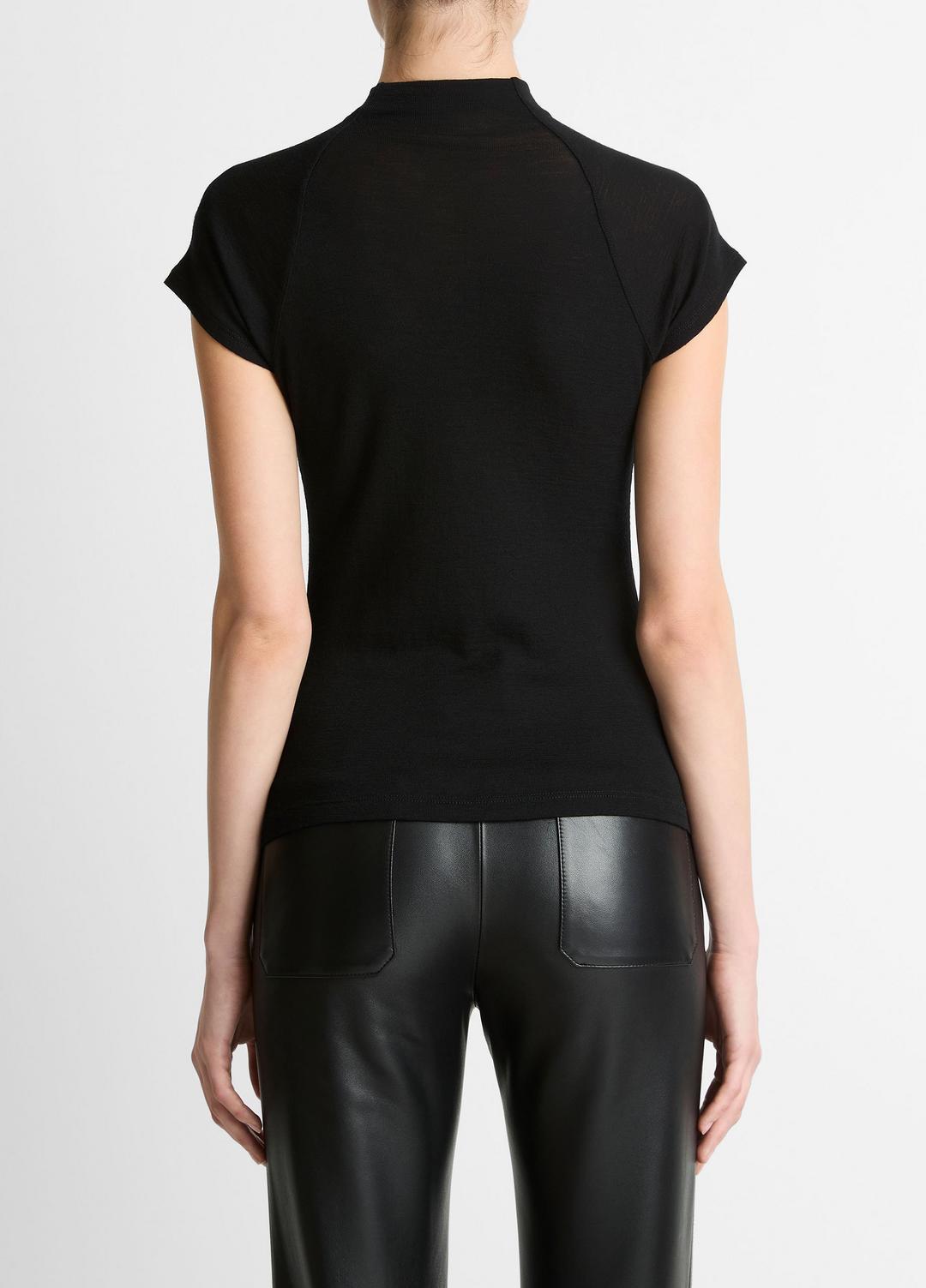 VINCE | Wool Raglan Cap-Sleeve Mock-Neck Top in Short Sleeve - BLACK