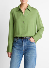 VINCE | Stretch-Silk Button-Front Blouse in Long Sleeve - CLOVER