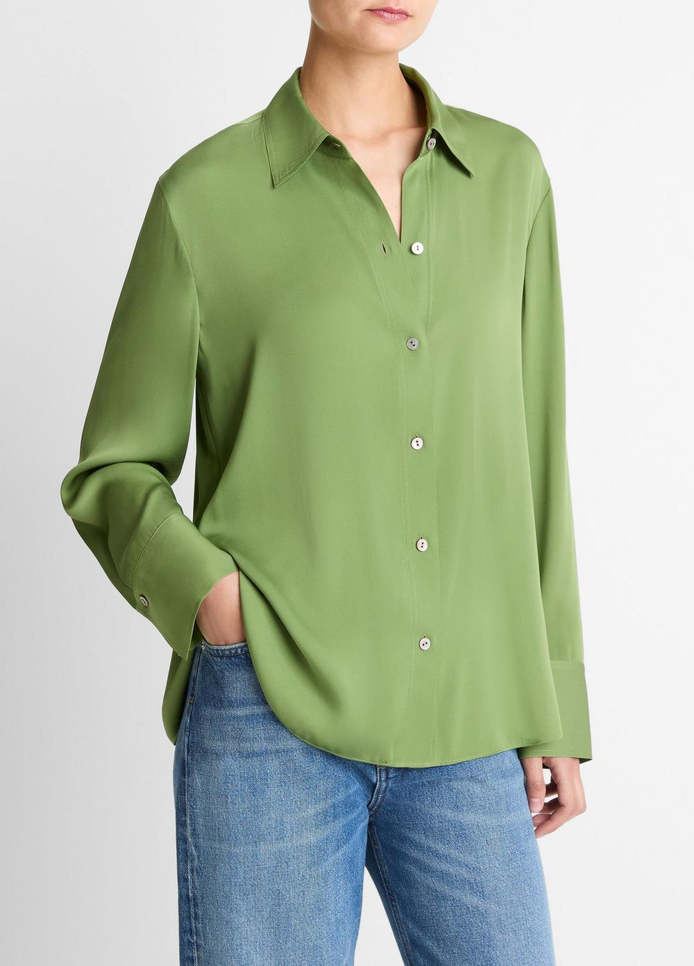 VINCE | Stretch-Silk Button-Front Blouse in Long Sleeve - CLOVER