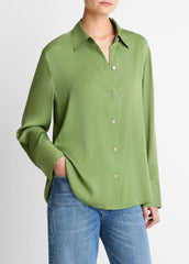VINCE | Stretch-Silk Button-Front Blouse in Long Sleeve - CLOVER