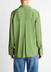 VINCE | Stretch-Silk Button-Front Blouse in Long Sleeve - CLOVER