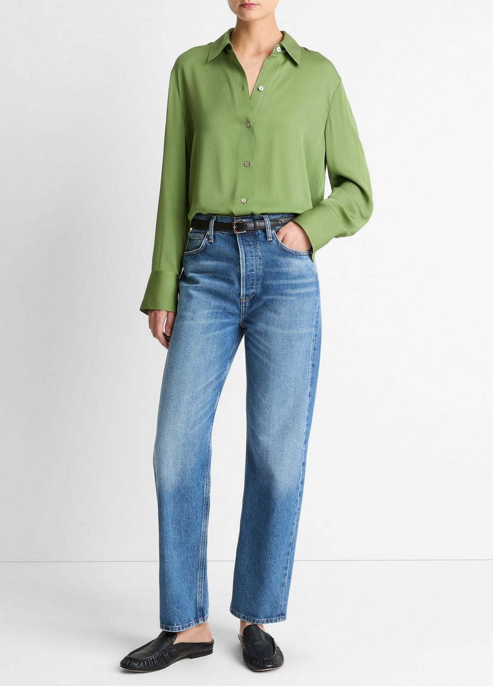 VINCE | Stretch-Silk Button-Front Blouse in Long Sleeve - CLOVER
