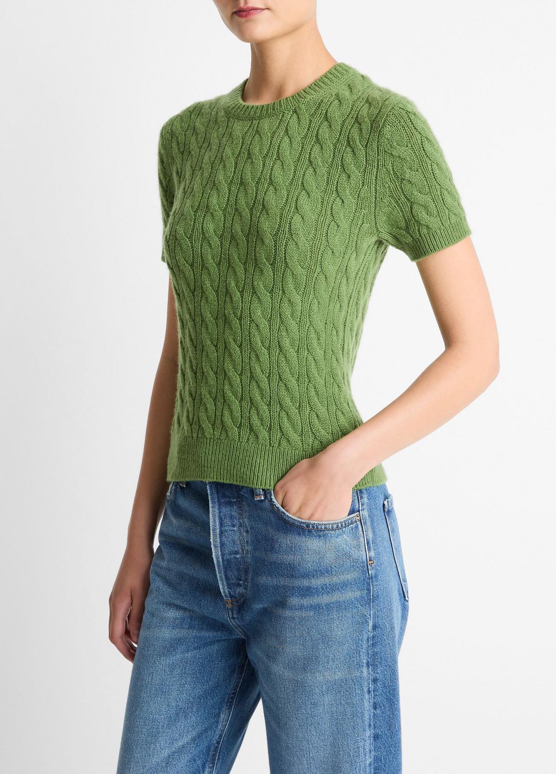 VINCE | Cable-Knit Wool & Cashmere-Blend Short-Sleeve Sweater in Crew Neck - CLOVER