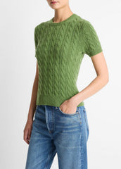 VINCE | Cable-Knit Wool & Cashmere-Blend Short-Sleeve Sweater in Crew Neck - CLOVER