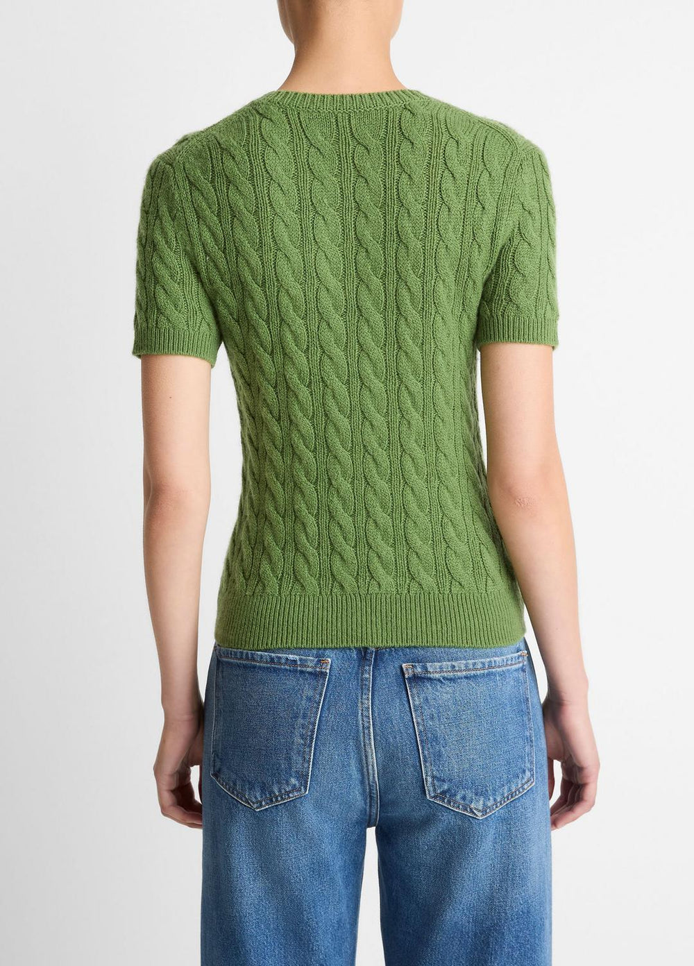 VINCE | Cable-Knit Wool & Cashmere-Blend Short-Sleeve Sweater in Crew Neck - CLOVER