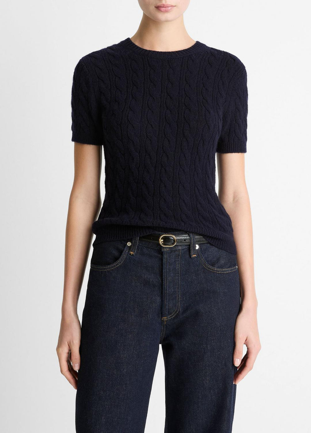 VINCE | Cable-Knit Wool & Cashmere-Blend Short-Sleeve Sweater in Crew Neck - COASTAL BLUE