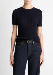VINCE | Cable-Knit Wool & Cashmere-Blend Short-Sleeve Sweater in Crew Neck - COASTAL BLUE