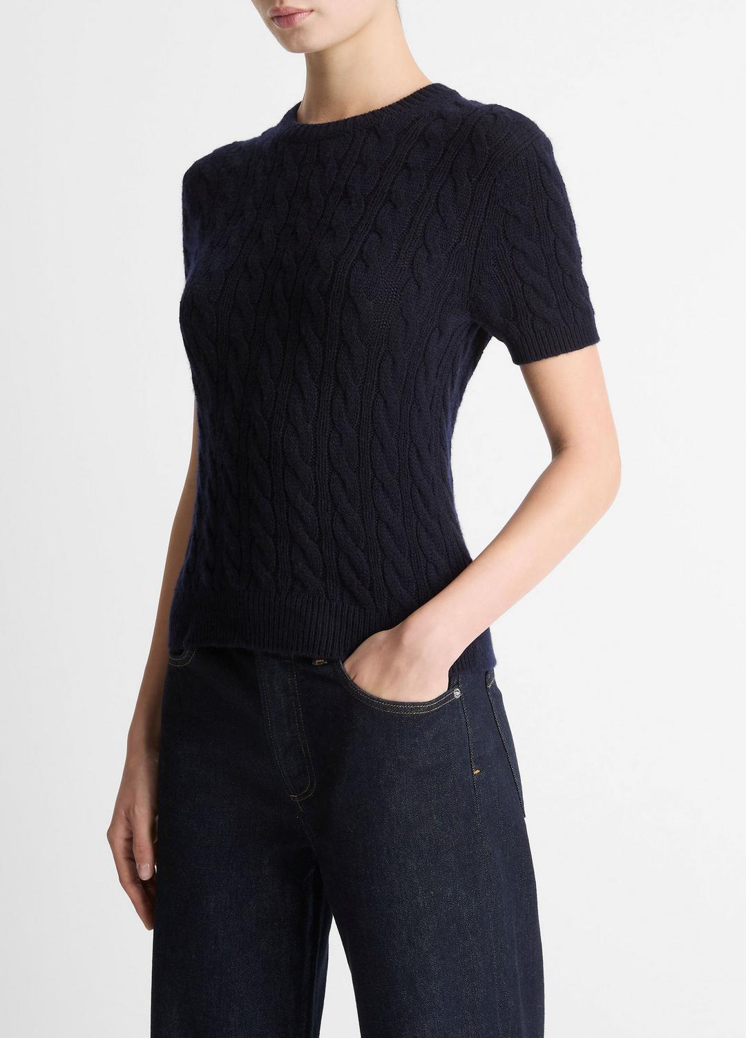 VINCE | Cable-Knit Wool & Cashmere-Blend Short-Sleeve Sweater in Crew Neck - COASTAL BLUE