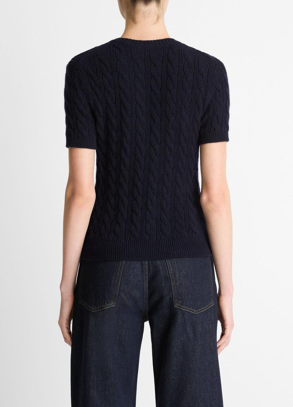 VINCE | Cable-Knit Wool & Cashmere-Blend Short-Sleeve Sweater in Crew Neck - COASTAL BLUE