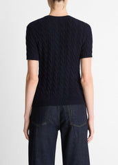 VINCE | Cable-Knit Wool & Cashmere-Blend Short-Sleeve Sweater in Crew Neck - COASTAL BLUE