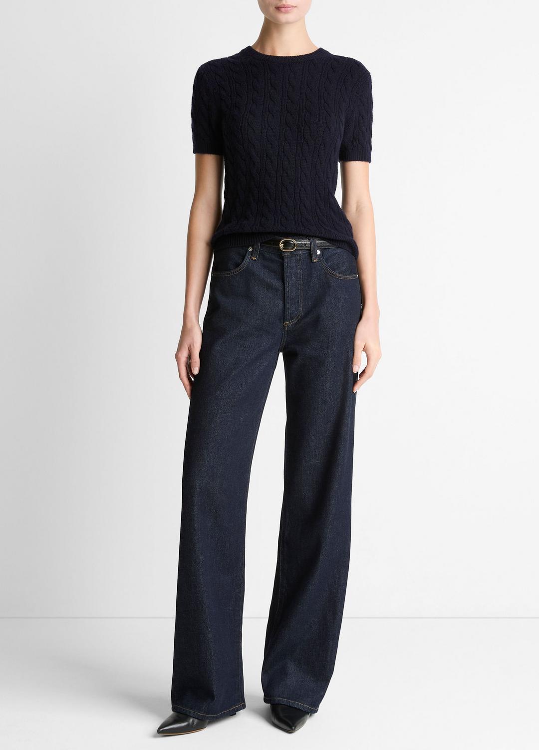 VINCE | Cable-Knit Wool & Cashmere-Blend Short-Sleeve Sweater in Crew Neck - COASTAL BLUE