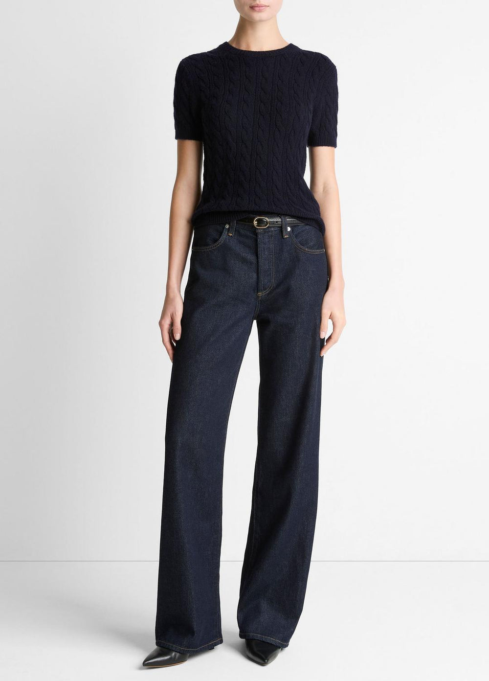 VINCE | Cable-Knit Wool & Cashmere-Blend Short-Sleeve Sweater in Crew Neck - COASTAL BLUE