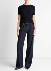 VINCE | Cable-Knit Wool & Cashmere-Blend Short-Sleeve Sweater in Crew Neck - COASTAL BLUE