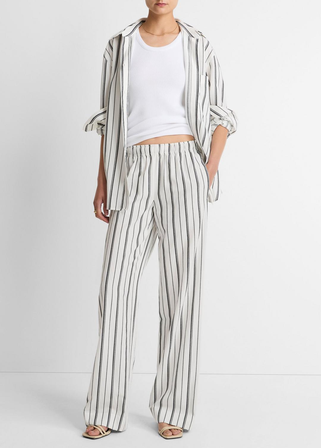 VINCE | Resort Stripe Pull-On Pant in Wide Leg - WHITE/BLACK