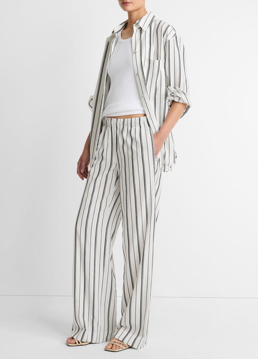 VINCE | Resort Stripe Pull-On Pant in Wide Leg - WHITE/BLACK