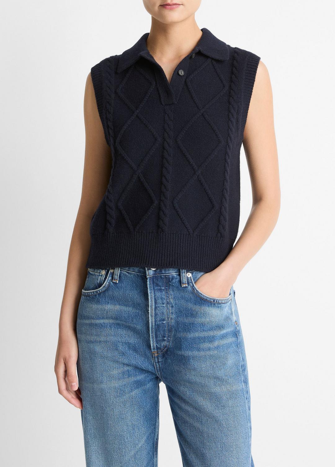 VINCE | Cable-Knit Wool & Cotton-Blend Sweater Vest in V-Neck - COASTAL BLUE