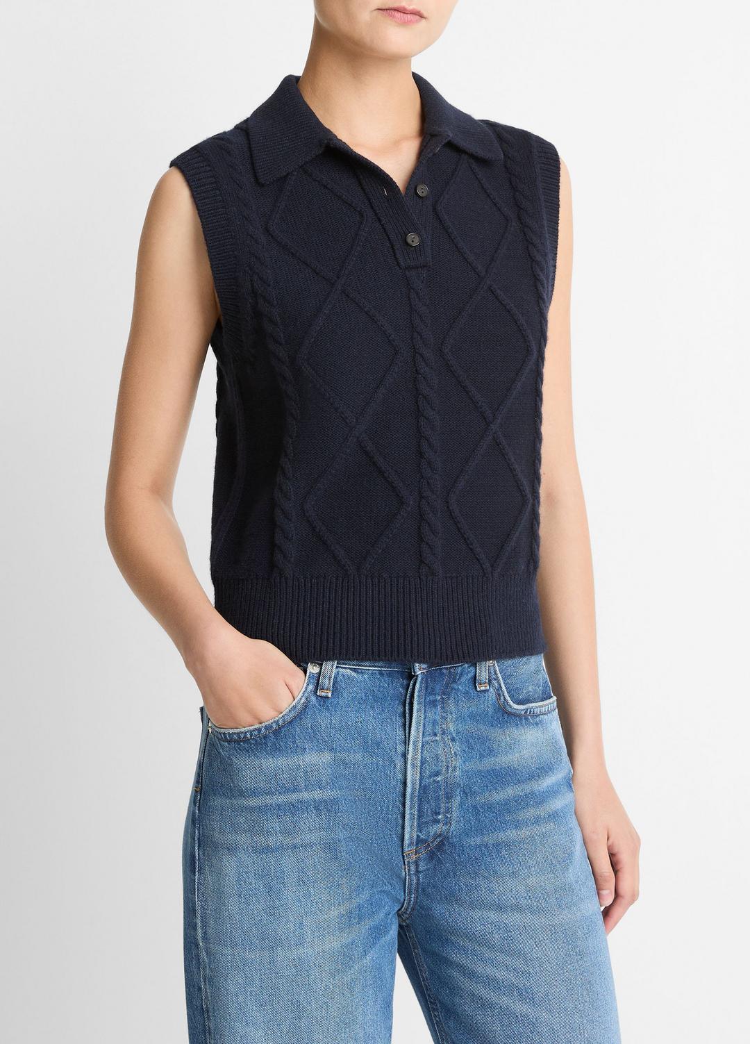 VINCE | Cable-Knit Wool & Cotton-Blend Sweater Vest in V-Neck - COASTAL BLUE