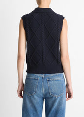 VINCE | Cable-Knit Wool & Cotton-Blend Sweater Vest in V-Neck - COASTAL BLUE
