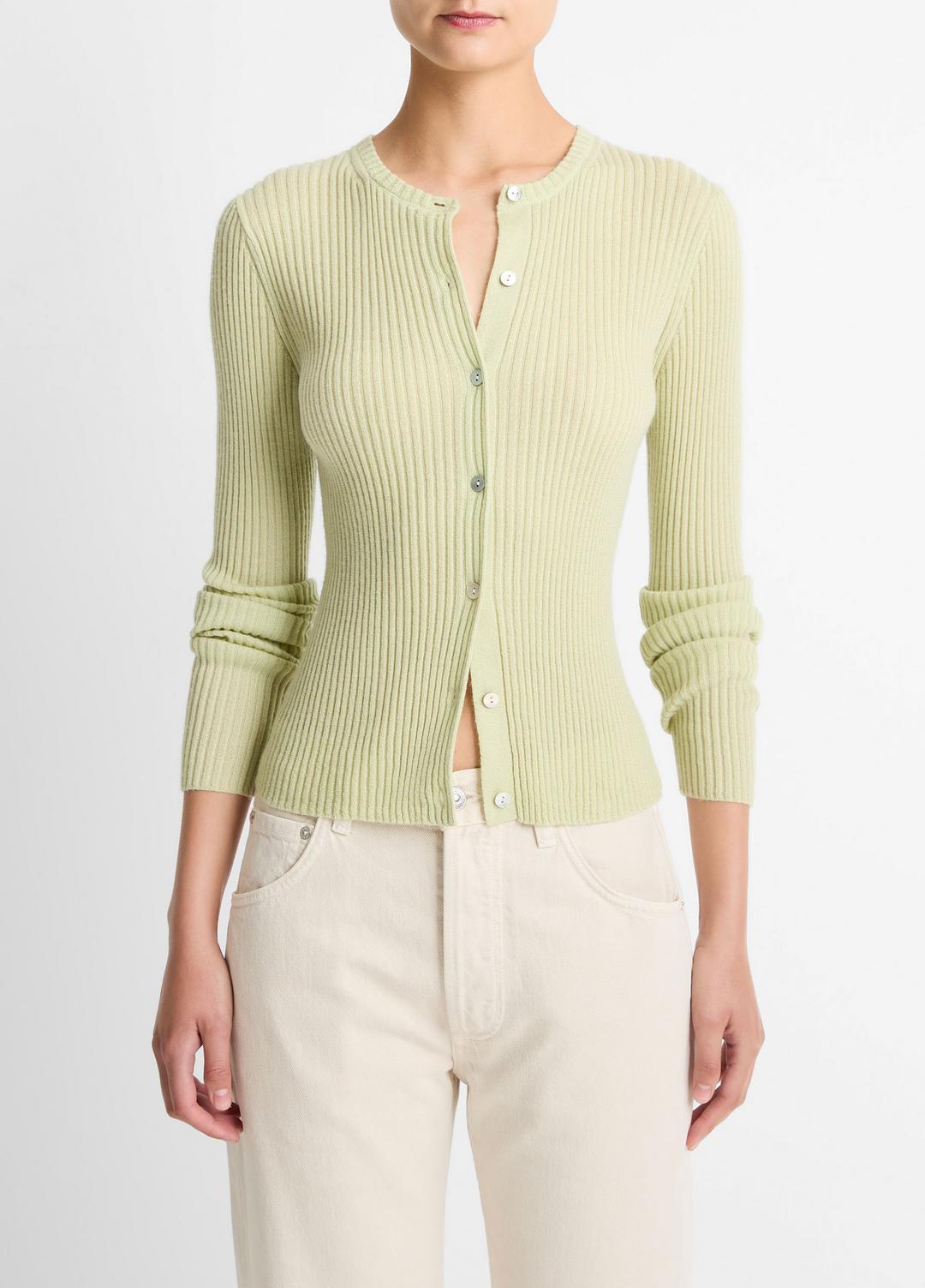 VINCE | Ribbed Cashmere-Silk Cardigan in Cardigans - PALE FERN