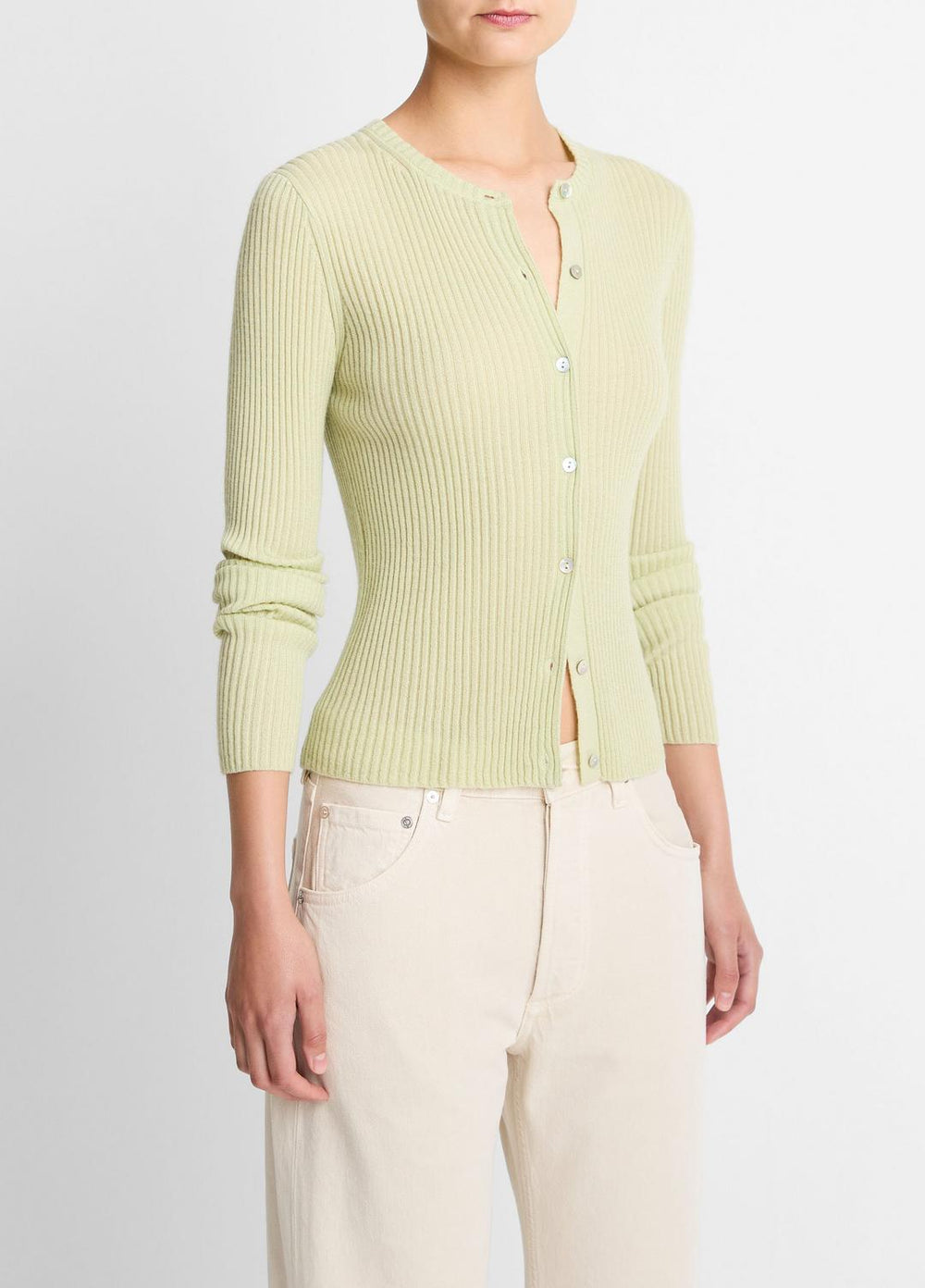 VINCE | Ribbed Cashmere-Silk Cardigan in Cardigans - PALE FERN