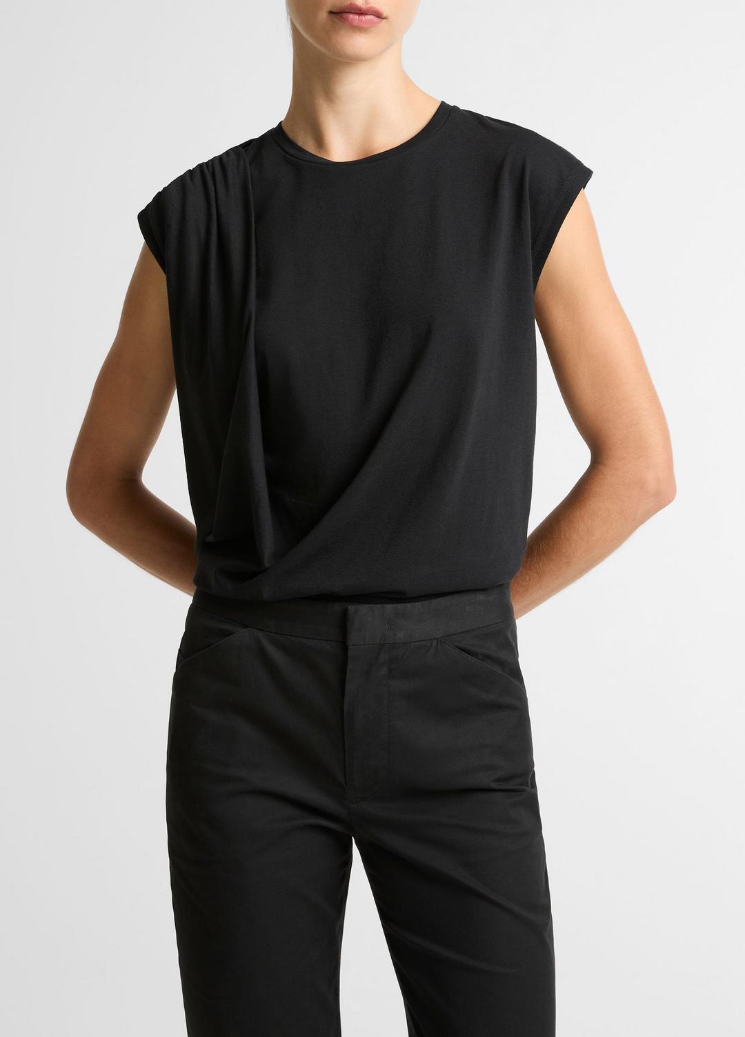 VINCE | Pima Cotton-Blend Draped Relaxed Top in Tank Tops - BLACK